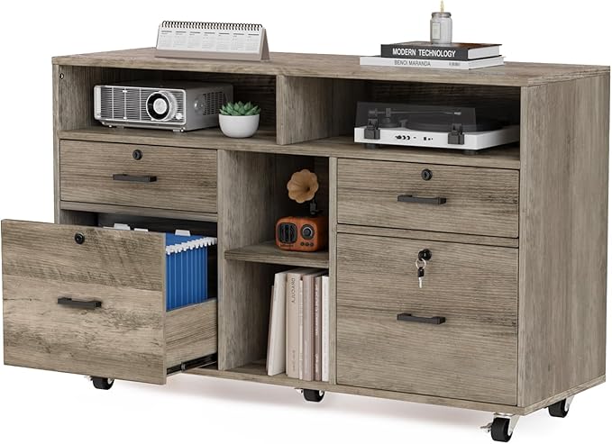 VINGLI Wide 4 Drawer File Cabinet with Lock, Rustic Grey Rolling File Cabinet with Open Shelves, Lockable Printer Stand, Letter Sized-DeskLoop Office