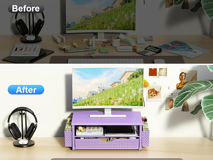 Desk Organizer and Accessories, Computer Monitor Stand Riser with Drawer and 2 Pen Holders, Office Desk Accessories & Workspace Organizers for Office Supplies (Purple)-DeskLoop Office