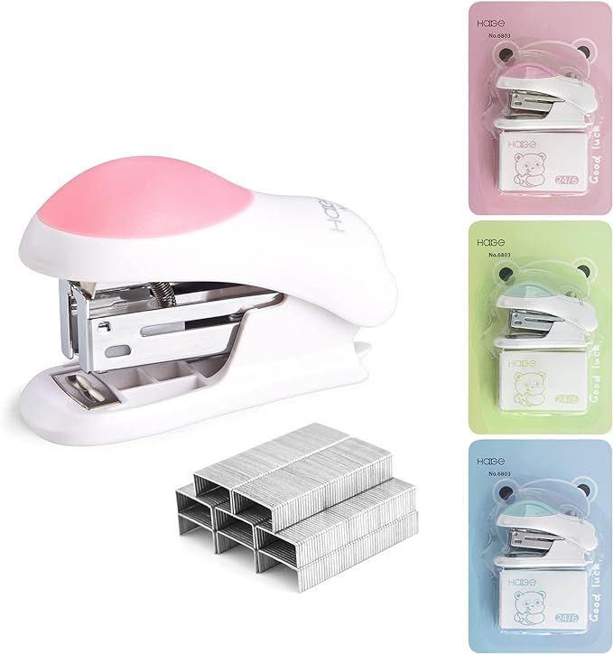 NEBURORA Mini Effortless Desktop Staplers with 400 Standard 26/6 Staples, 2-24 Sheet Capacity, Includes Built-in Staple Remover, Cute Stapler Gift for Student and Office Use, 3 Colors Options (Pink)-DeskLoop Office