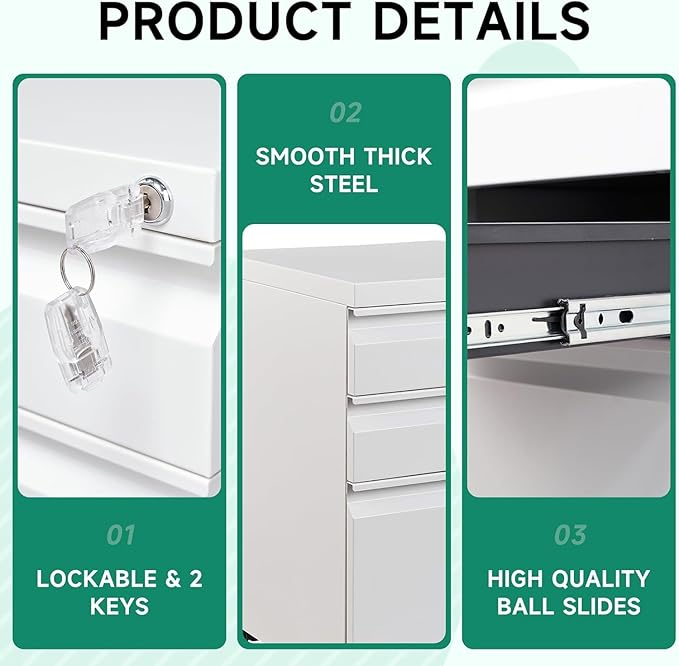 Letaya 3 Drawer Mobile File Cabinet with Lock, Under Desk Metal Rolling Filing Cabinets for Home Office Organizer Letters/Legal/A4 (White- Requires Installation) (White)-DeskLoop Office