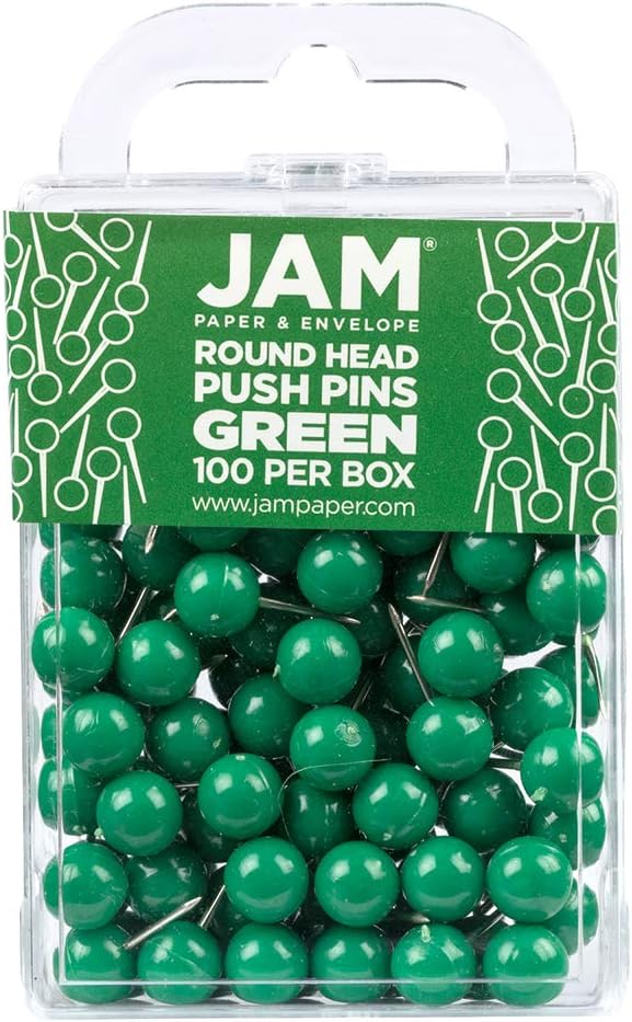 JAM PAPER Colorful Push Pins - Round Head Map Thumb Tacks - Green Pushpins - 100/Pack-DeskLoop Office