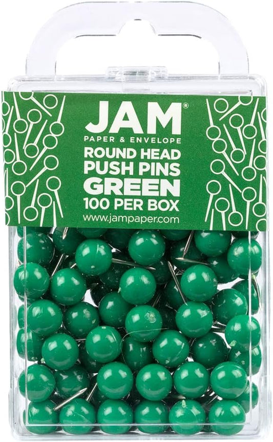 JAM PAPER Colorful Push Pins - Round Head Map Thumb Tacks - Green Pushpins - 100/Pack-DeskLoop Office
