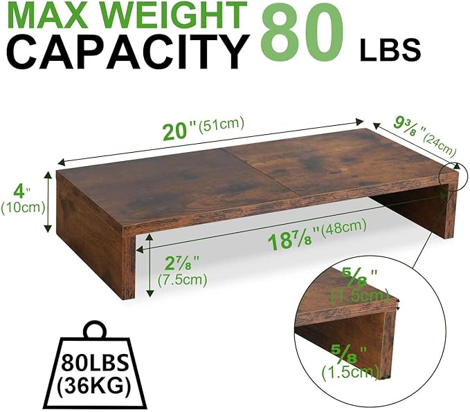 TEAMIX 2 Pack Monitor Stand Riser-20 inch, Wooden Tabletop Shelf for TV/PC/Laptop/Printer, Rustic Brown Monitor Riser with Storage, Computer Stand Ergonomic Design-DeskLoop Office