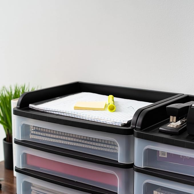 IRIS USA Plastic Desk Top 3-Drawer Storage Organizer with Paper Tray Top, 1-Pack, for Makeup Vanity Nail Polish Bathroom Stationery Art Craft Supplies Kitchen Office Garage Organization, Medium, Black-DeskLoop Office