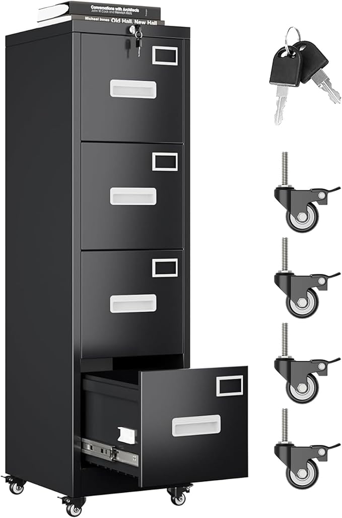 Aobabo File Cabinet 4 Drawer with Wheels, Lockable Office Metal Filing Cabinet with Name Card for Office and Home,Assembly Required,Black-DeskLoop Office