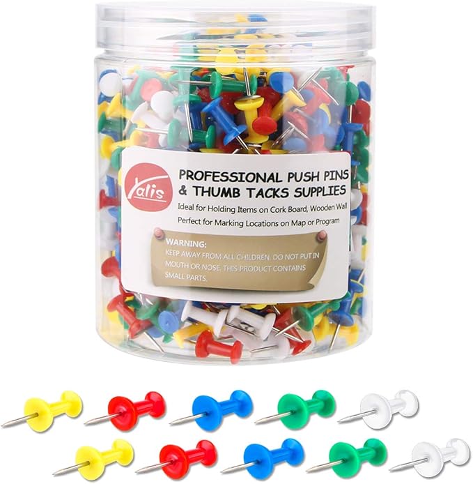 Yalis Push Pins 600 Count, Standard Multicolored Thumb Tacks Steel Point and Colors Plastic Head-DeskLoop Office