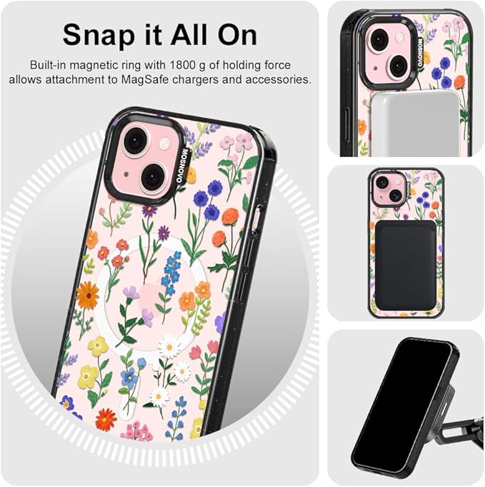 MOSNOVO Magnetic Case for iPhone 15 Plus, 10ft Military-Grade Protection, Compatible with Magsafe, Shockproof Phone Case for iPhone 15 Plus / 14 Plus - Botanical Floral - Clear Black-DeskLoop Office