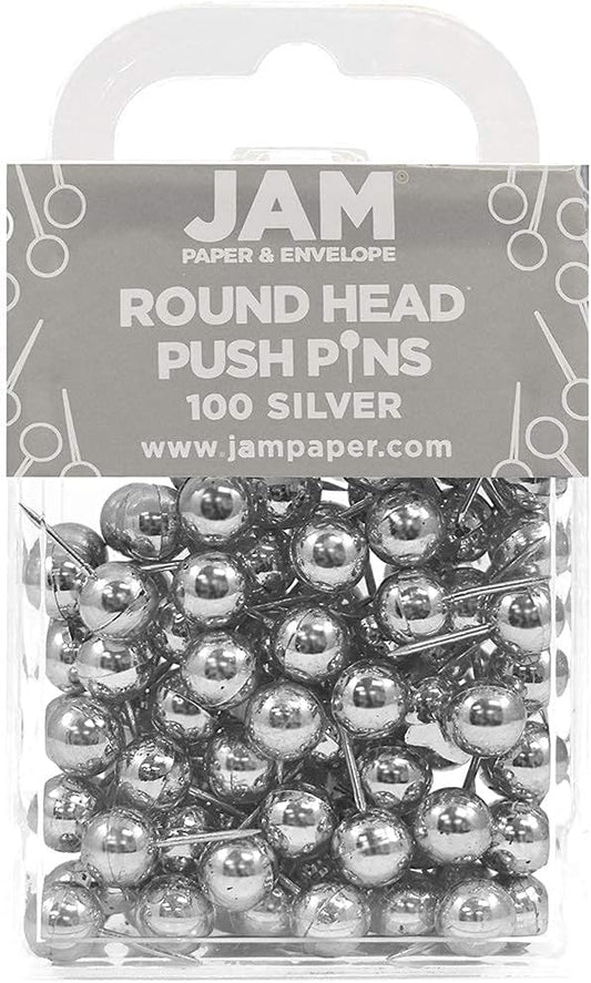 JAM PAPER Colorful Push Pins - Round Head Map Thumb Tacks - Silver PushPins - 100/Pack-DeskLoop Office