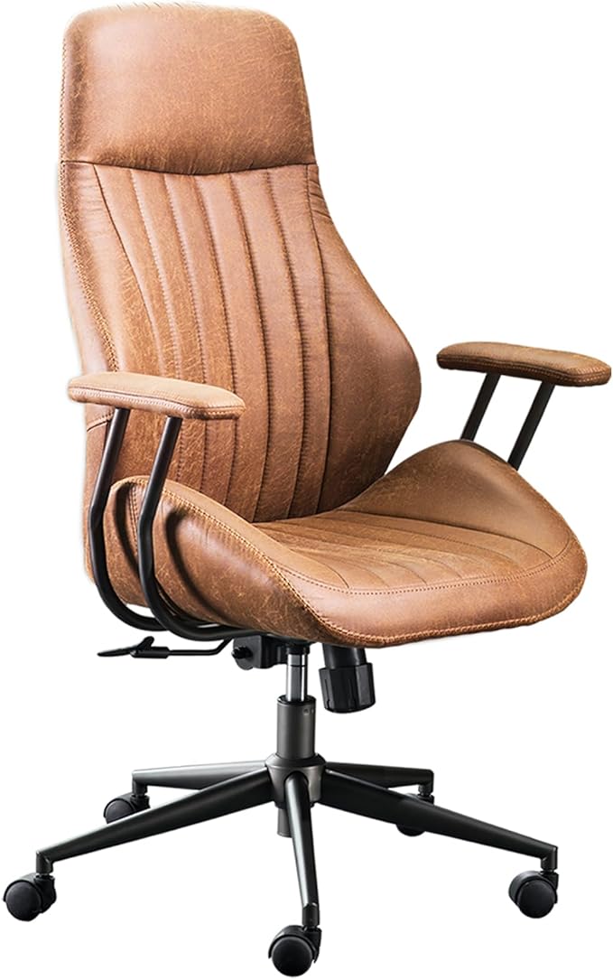 ovios Ergonomic Home Office Chair, Mid-Century Modern Faux Leather Chairs with Padded Armrests, Comfy High Back Swivel Rolling Executive Computer Armchair (Brown, Suede Leather)-DeskLoop Office