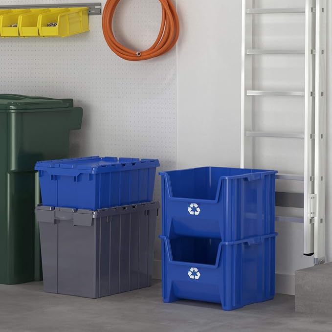 Commercial Industrial Heavy Duty Stackable Open-Front Recycling Bin Box Containers, 12 Gallon, 2 Pack, Blue-DeskLoop Office