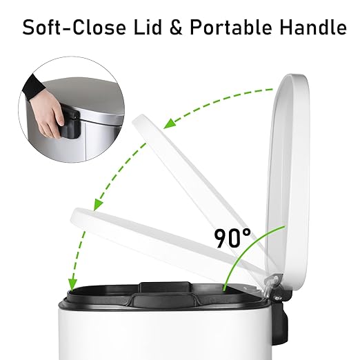 Arlopu 13.2+1.3 Gallon Step Trash Can, Stainless Steel Garbage Bin, Soft-Close Rubbish Bin with Removable Plastic Inner Bucket, Fingerprint-Proof, Lid Dustbin, for Kitchen Home (White)