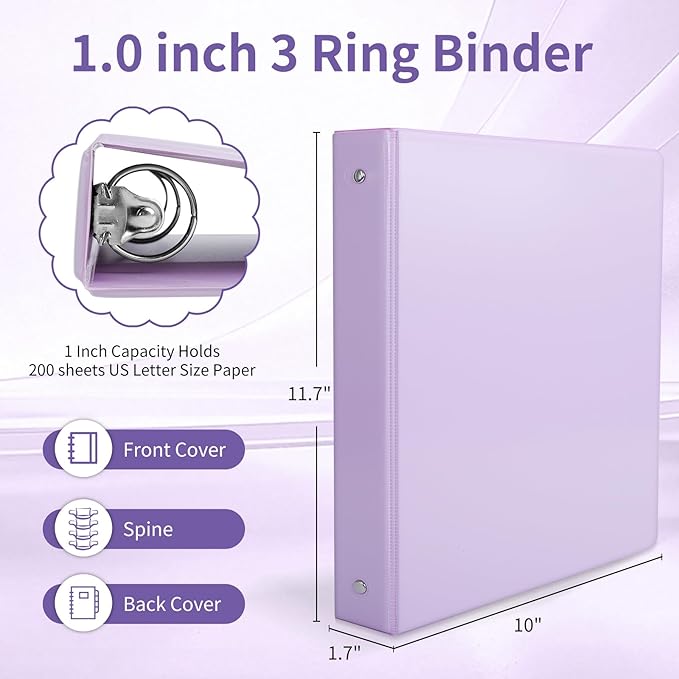 1" 3-Ring Binder, 1-inch Pastel Color Binders with 2 Inside Pockets, Clear View Cover Binder Holds 8.5'' x 11''Paper, Round Ring Binders for Office/Home/School, 6 Pack (Assorted 6 Colors)-DeskLoop Office