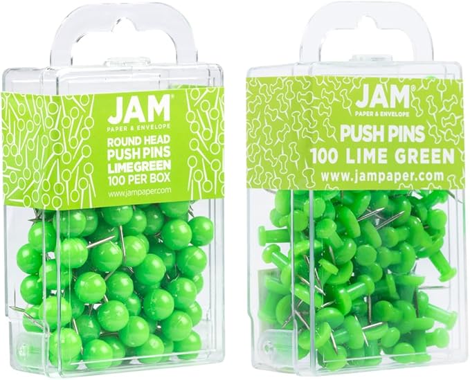 JAM PAPER Colorful Push Pins - Flat & Round Head Thumb Tack Combo Set - Lime Green Pushpins - 200/Pack-DeskLoop Office