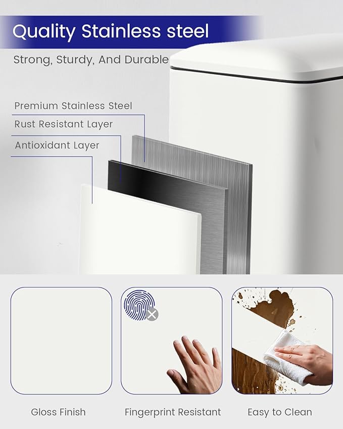 Kitchen Rubbish Bin, 45 Litre Waste Bin, Large Pedal Bin, Kitchen Rubbish Bin with Softclose Lid and Inner Bin, Slim Pedal Bin for Kitchen, Bathroom and Office, White-DeskLoop Office