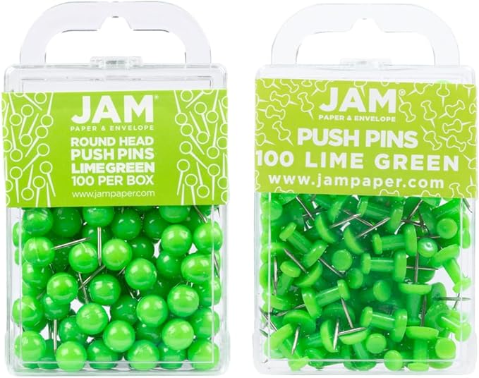 JAM PAPER Colorful Push Pins - Flat & Round Head Thumb Tack Combo Set - Lime Green Pushpins - 200/Pack-DeskLoop Office