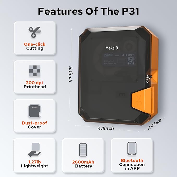 Makeid P31 Industrial Label Maker, Thermal Transfer Label Printer Portable Bluetooth Labeler with 0.71" W x 26.24ft L Label, Wire and Cable Labeling Machine for Job Sites, Fast Creat and Print Label-DeskLoop Office