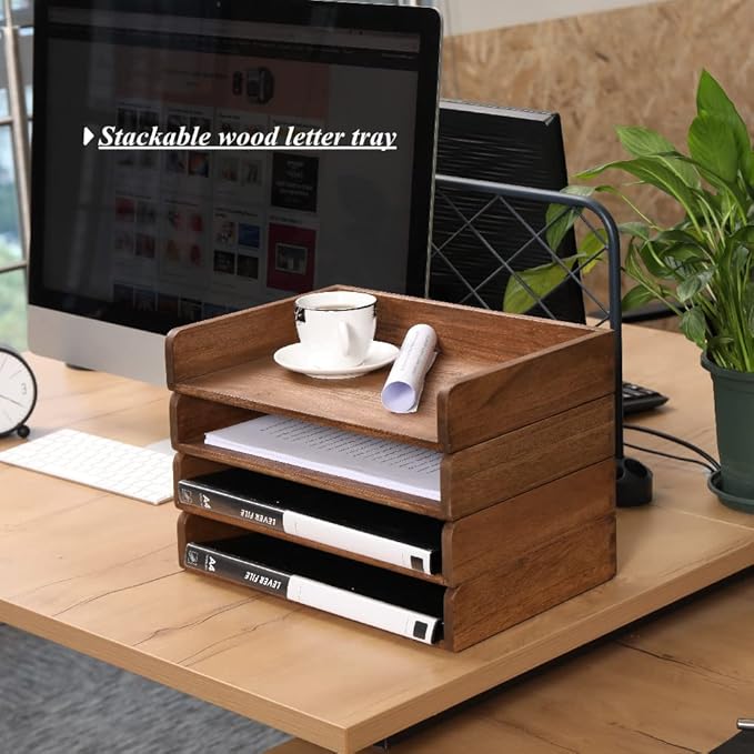 Desktop File Trays Stackable Paper Tray for Letter/A4 Size Magazine - Wood Office Document Organizer Shelf - Wooden Folder Organization Rack Desk Tray Pack of 2 Dark(2CTP-DK)-DeskLoop Office