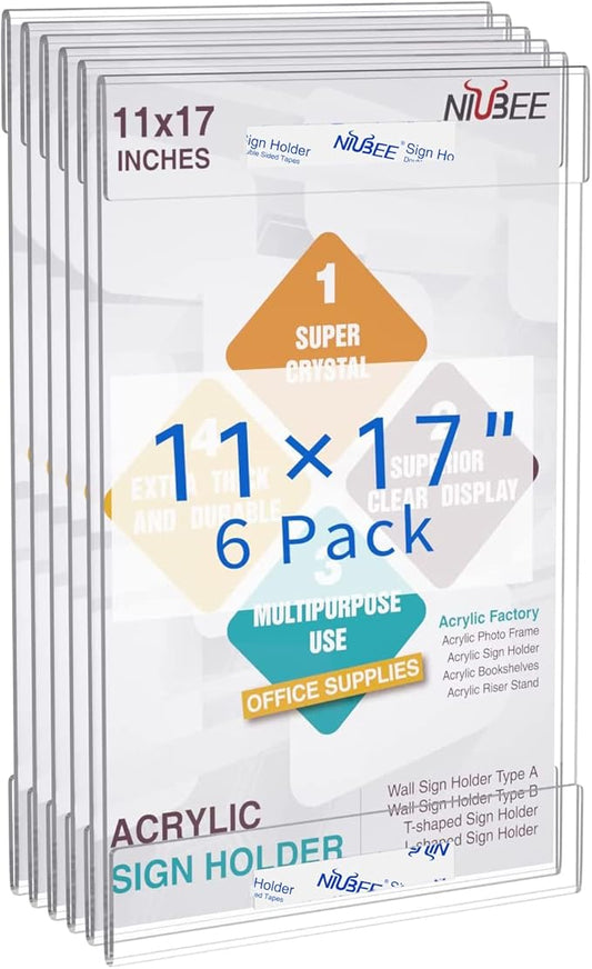 Niubee 6 Pack Acrylic Sign Holder 11 x 17 inches Wall Mount Sign Holders Clear Acrylic Frame with Double Sided Tape Clear Poster Frames Plastic Sign Holder for Office, Home, Restaurant, Vertical-DeskLoop Office