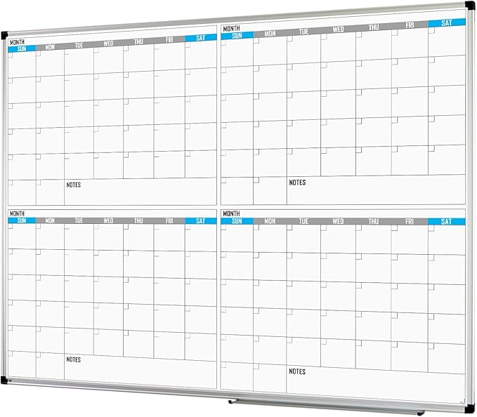 XBoard Magnetic Calendar Whiteboard 48" x 36" - 4 Month Colorful Calendar Dry Erase Board for Monthly Planning, Silver Aluminium Framed-DeskLoop Office