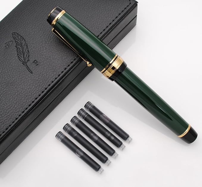 Metal Big Fountain Pen Set Medium Nib 0.7mm, Includes Ink Refill Converter, 5 Ink Cartridges & Gift Box (Medium Nib 0.7mm, Green)-DeskLoop Office