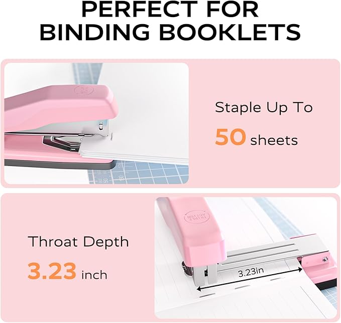 Desktop Stapler, Swing-Arm Swivel Stapler, 50 Sheet Capacity, 2000 Staples and Staple Remover, Rotatable Heavy Duty Staplers for Office, Home, Classroom, Booklet, Book Binding,Pink-DeskLoop Office