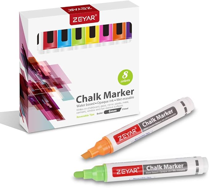 ZEYAR Liquid Chalk Marker-Wet Erase Marker, 6mm Reversible Tip-Bullet or Chisel, 8 Colors, Large Capacity, Writes on Nonporous Chalkboards, Bistro Boards, Windows and Plastic (8 Basic Colors)-DeskLoop Office