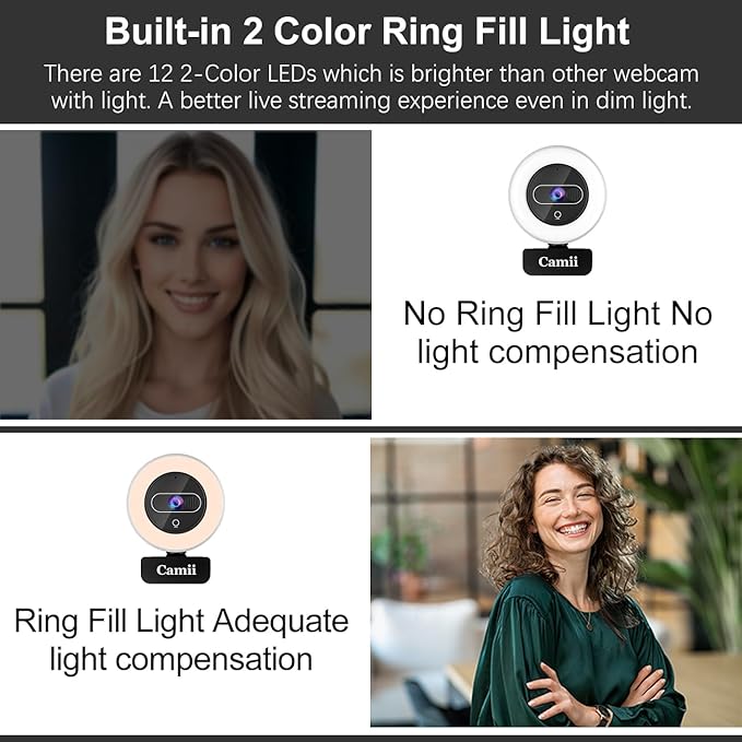 4K Webcam with Light, HD Webcam for PC with Remote Control, Built-in Privacy Cover, Adjustable Brightness, Noise Reduction Mics, for Zoom Skype Teams Laptop and Google Meet-DeskLoop Office