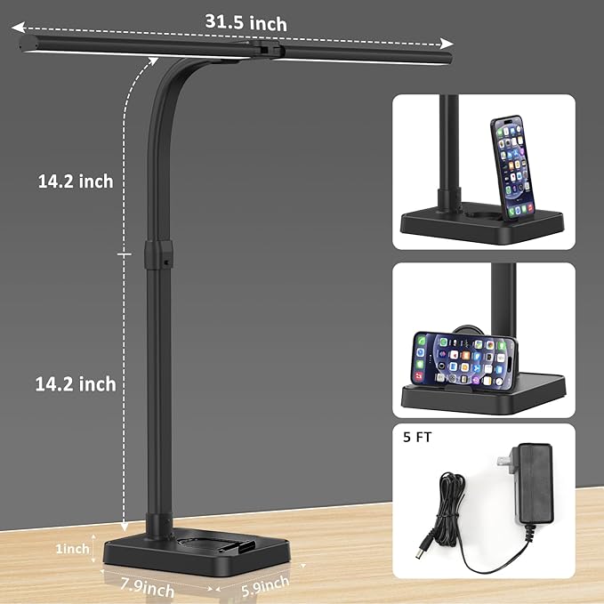 LED Desk Lamp for Home Office, 24W Bright Desk Lamp with Phone Holder Base - 25 Lighting Modes Eye-Caring Desk Light Adjustable Gooseneck Lamp for Workbench Drafting Reading Study-DeskLoop Office