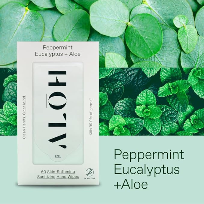 ALŌH Peppermint Eucalyptus + Aloe Sanitizing Hand Wipes - Clean Hands, Clear Mind On The Go Sanitizer for Kids and Adults - Travel Size 3 Pack 20ct Wipes (60 Wipes)-DeskLoop Office