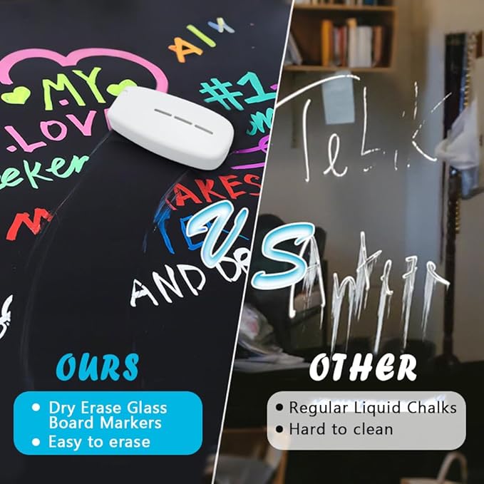 Dry Erase Markers for Black Glass Board, 2-in-1 Magnetic Chalkboard Spray Eraser & Washable Reversible Dual Tip Liquid Chalks - Bullet & Fine Point for Window Acrylic Refrigerator-DeskLoop Office