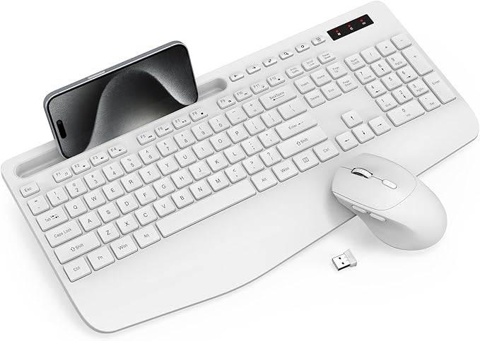 Wireless Keyboard and Mouse Combo - Full-Sized Ergonomic Keyboard with Wrist Rest, Phone Holder, Sleep Mode, Silent 2.4GHz Cordless Keyboard Mouse Combo for Computer, Laptop, PC, Mac, Windows,White-DeskLoop Office