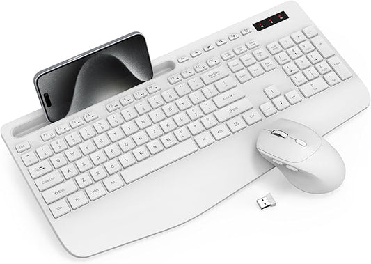 Wireless Keyboard and Mouse Combo - Full-Sized Ergonomic Keyboard with Wrist Rest, Phone Holder, Sleep Mode, Silent 2.4GHz Cordless Keyboard Mouse Combo for Computer, Laptop, PC, Mac, Windows,White-DeskLoop Office