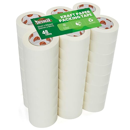 48Rolls Eco-Friendly Kraft Paper Tape 2Inch x 55Yard, White Paper Packing Tape, Biodegradable Recyclable Packaging Tape Self Adhesive Box Tape for Shipping, Sealing, Moving-DeskLoop Office