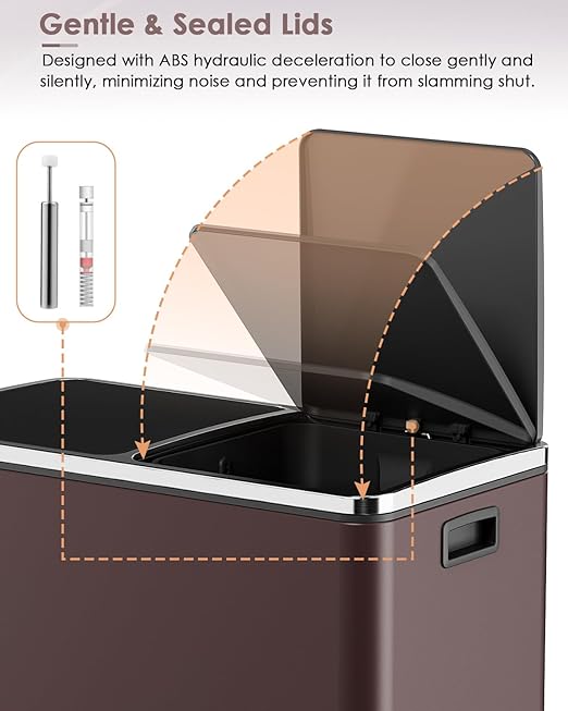 AthLike 60L(16 Gal) Dual Trash Can, Stainless Steel Kitchen Garbage Can, Double Compartment Classified Rubbish Bin, Recycle Dustbin w/Plastic Inner Buckets, Handle, Soft-Close Lid, Airtight, Brown-DeskLoop Office