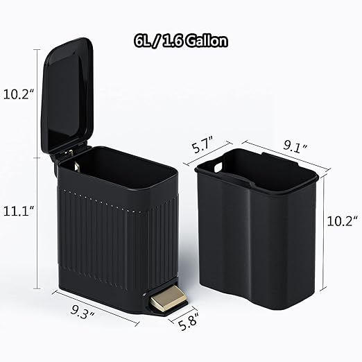 Small Bathroom Trash Can with Lid Soft Close-6L/1.6 Gal Slim Step Garbage Can-Metal Pedal Wastebasket-Narrow Rectangle Garbage Container Bin for Corner Office, Bedroom, Toilet, Live Room-Black-DeskLoop Office