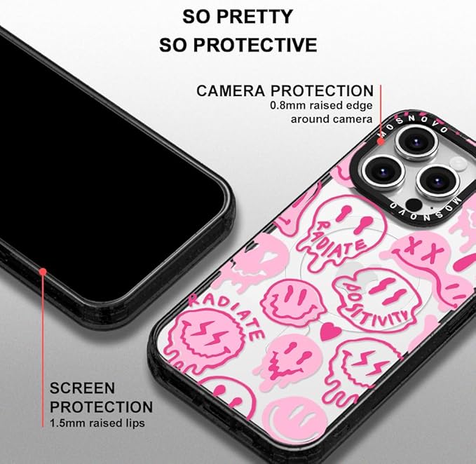 MOSNOVO Magnetic Case for iPhone 16 Pro, 10ft Military-Grade Protection, Compatible with Magsafe, Shockproof Phone Case for iPhone 16 Pro - Pink Dripping Smiles - Clear Black-DeskLoop Office