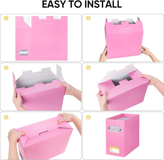 BALEINE File Organizer Box, Cardboard File Folder Organizer with Handle for Letter Size, Portable Collapsible Hanging Filing Box for Home Office Document Storage (4 Pack, Pink)-DeskLoop Office
