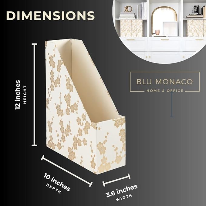 BLU MONACO Decorative Foldable Magazine Storage Boxes for Desk – Set of 4 with Gold Floral Pattern & Gold Label Holder – Ideal for Book Organization & Vertical File Storage-DeskLoop Office