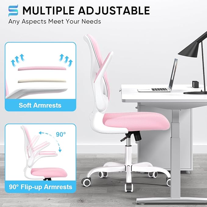 Sytas Ergonomic Desk Chair with Padded Flip up Arms and Supportive Lumbar Support, Breathable Mesh Home Office Chair with Comfortable Cushion for Home or Office(Pink)-DeskLoop Office