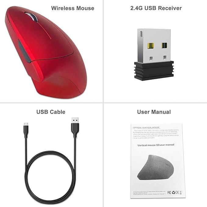 Vassink Ergonomic Rechargeable Wireless Mouse, 2.4Hz Rechargeable Wireless Vertical Optical Mice with USB Receiver, 6 Buttons, 800/1200/1600 DPI RED-DeskLoop Office