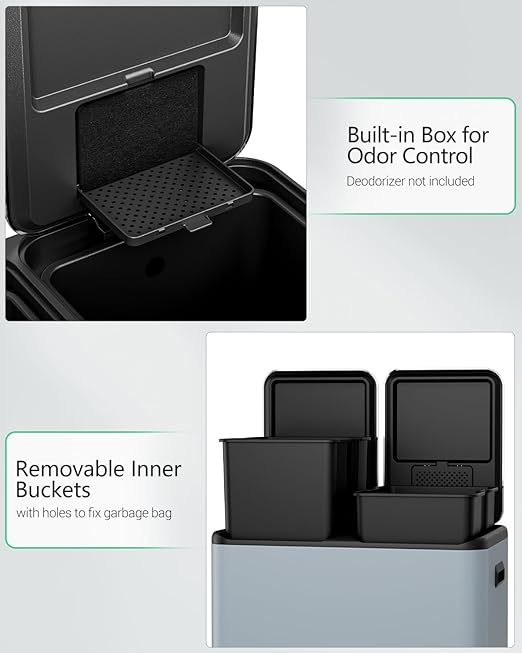 TLSUNNY Kitchen Dual Trash Can, 60L Hands-Free Stainless Steel Garbage Can, Classified Rubbish Bin with Double Compartments, Soft-Close Lid, Inner Bucket, Odor Control (60L) (Haze Blue)-DeskLoop Office