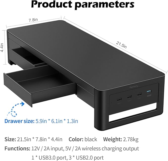 meatanty 2 in 1 Monitor Stand Riser with 2 Storage Drawers and 4 USB Ports, Metal Computer Monitor Stand Supports Transfer Data and Charging, Desk Organizer for PC,Laptop,iMac (21 inches)-DeskLoop Office