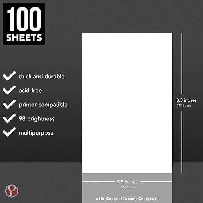 Half Letter Size Cardstock – Great for Business Documents, Letters, Arts, Prints and Crafts, Printing and Writing | 8.5” x 5.5” | Bright White 65lb Cover (176gsm) Card Stock | 100 Sheets per Pack-DeskLoop Office