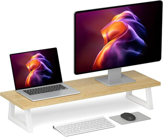 TEAMIX 31.5 inch Dual Monitor Riser - Wide TV Stand for 2 Monitors - Wood & Steel Desktop Riser for Dual Screen Office Desk Organization-DeskLoop Office