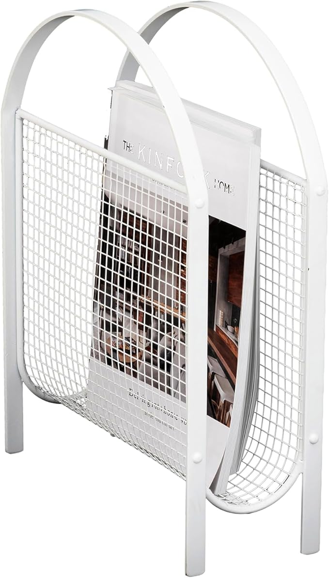 MyGift Mid-Century Design Magazine Rack, Matte Black Tone Metal Mesh Freestanding Magazine Organizer Holder Sling (White)-DeskLoop Office
