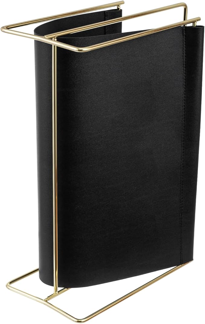 MyGift 15-Inch Modern Black Leatherette & Brass Plated Metal Magazine Holder – Floor Standing Faux Leather Sling Style Newspaper Rack for Home, Bathroom, Office Decor-DeskLoop Office