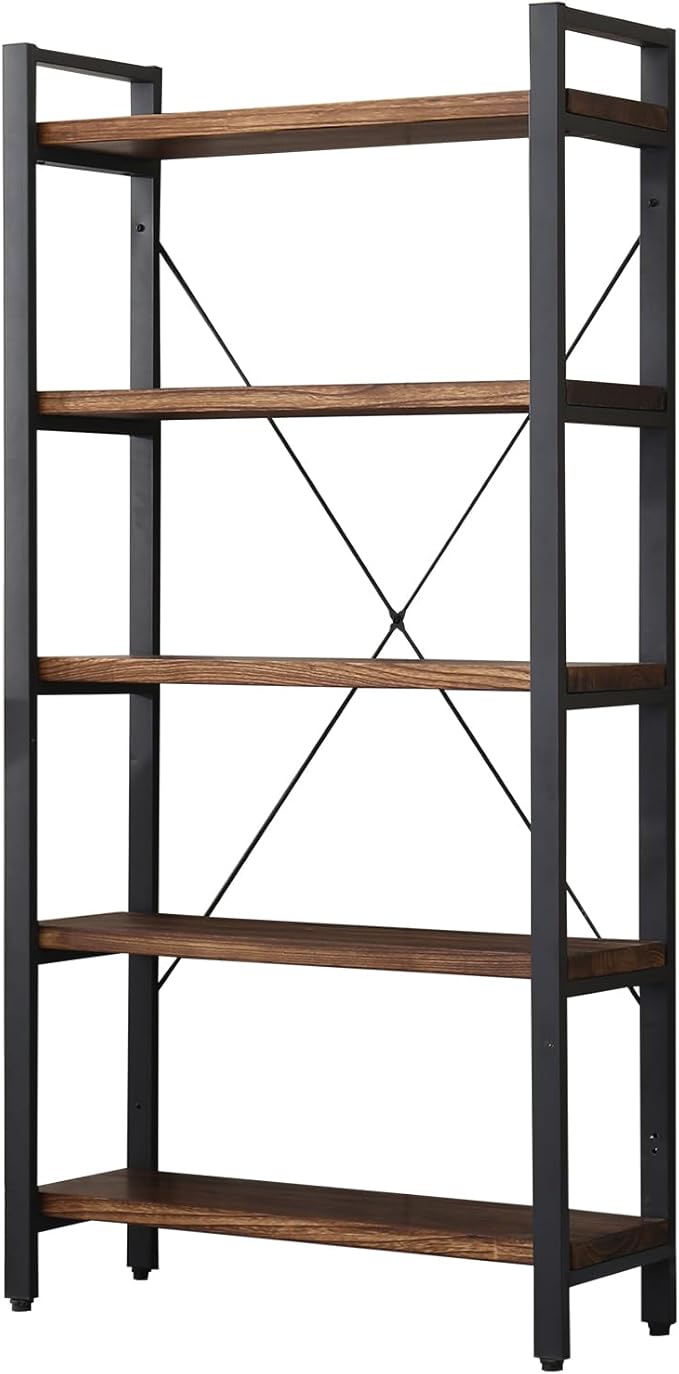 5 Tier Bookcase, Solid Wood Bookshelf Rustic Vintage Industrial Etagere Bookcase, Metal and Wood Free Vintage Bookshelf, Retro Brown (Real Wood) (5-Tiers)-DeskLoop Office