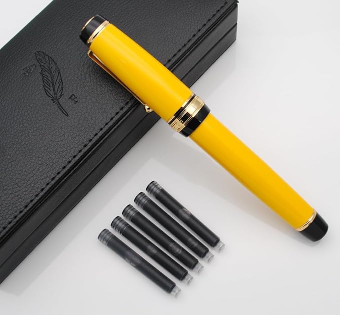 Metal Big Fountain Pen Set Medium Nib 0.7mm, Includes Ink Refill Converter, 5 Ink Cartridges & Gift Box (Medium Nib 0.7mm, Yellow)-DeskLoop Office