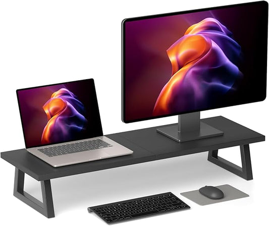 TEAMIX 31.5 inch Dual Monitor Riser, Long Black Monitor Stand Riser Wide TV Stand Riser Monitor Stand for 2 Monitors Wood & Steel Desktop Riser Desk Organization Home Office-DeskLoop Office