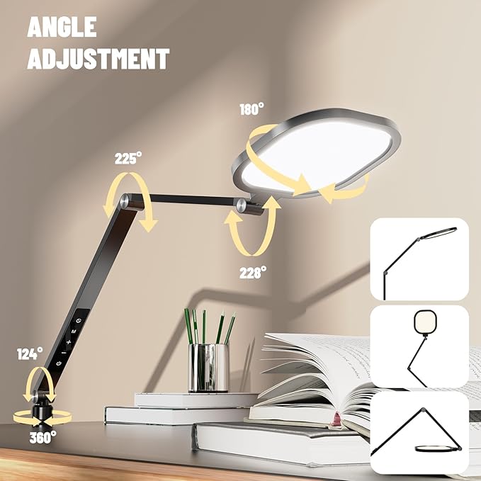 2 Packs Led Desk Lamps for Home Office, 1200LM Dimmable Clamp-on Desktop Light, Adjustable Swing Arm Ring Light with Stand, Memory & Timer Function, Eye-Caring Design-DeskLoop Office